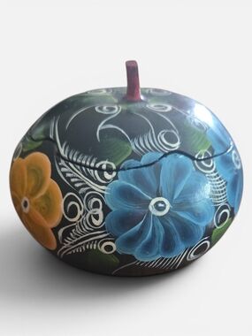 Hand-Painted Gourd - Floral Decorative Gourd in Blue and Orange